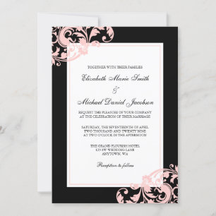 Black and Blush Pink Flourish Swirls Wedding Invitation