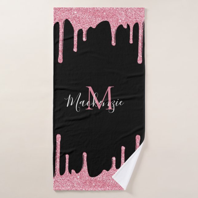 Black and Blush Pink Glitter Sparkle Drips Bath Towel Set (Bath Towel)
