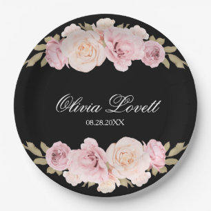 Black and Blush Pink Roses Chic Bridal Shower Paper Plate