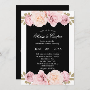 Black and Blush Pink Roses Wedding Invitation