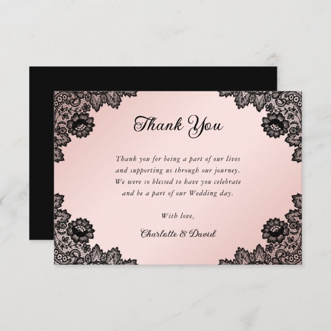 Black and Blush Pink Rustic Floral Lace Wedding Thank You Card (Front/Back)
