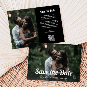 Black and Boho Script Two Photo and QR Code Save The Date