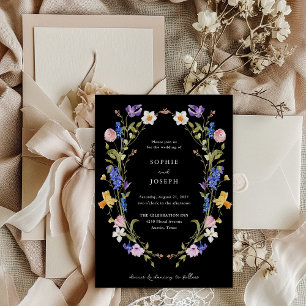Black and Bright Boho Floral Wreath Wedding Invitation