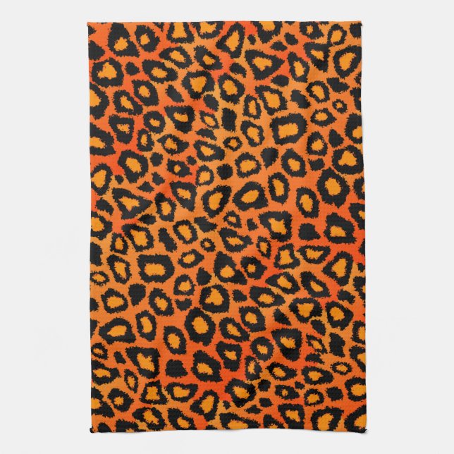 Black and Bright Orange Leopard Animal Print Tea Towel (Vertical)