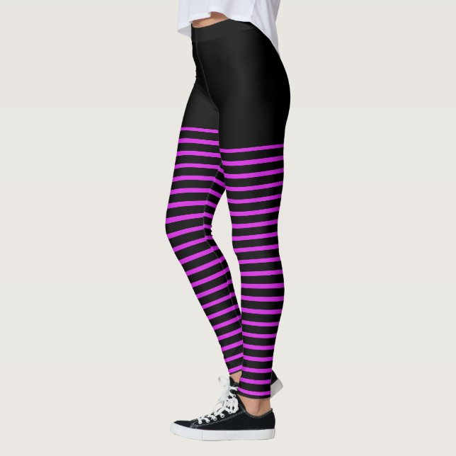 Black and Bright Pink Stripes Pattern Striped Leggings (Left)