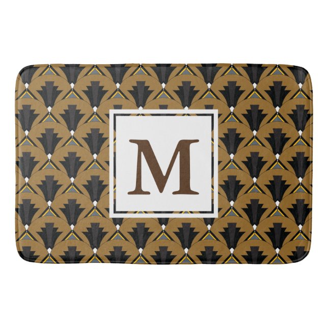 Black and Bronze Art Deco Geometric Monogrammed Bath Mat (Front)