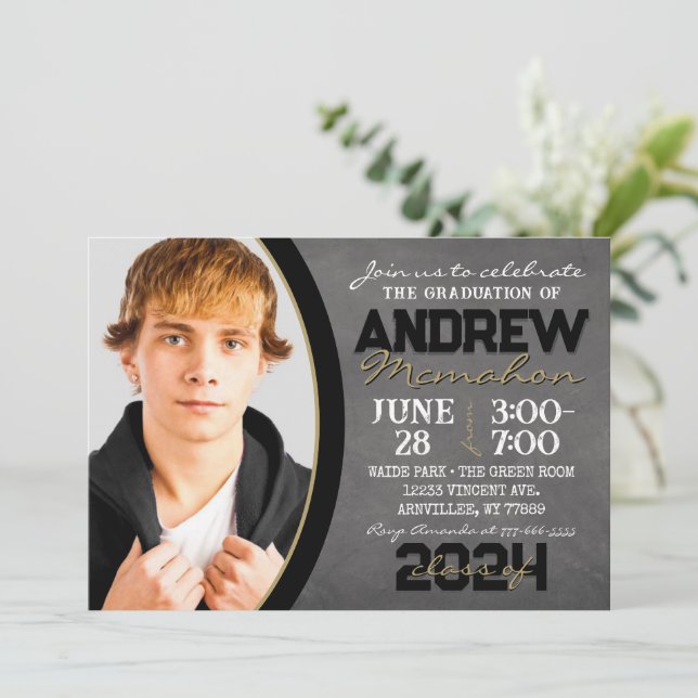 Black and Bronze Chalkboard Graduation Invitation (Standing Front)