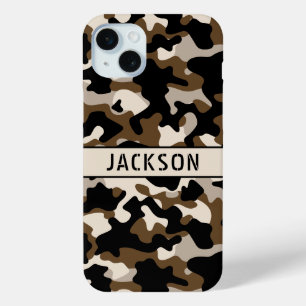 Black and Brown Camouflage Personalised iPhone 15 Mini Case