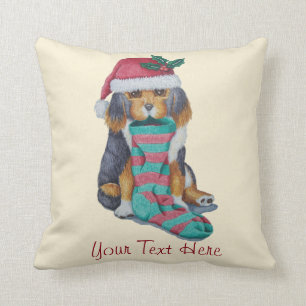 black and brown cute puppy dressed for christmas cushion