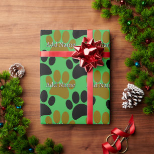 Black and Brown Dog Paw Print Custom Name Green Wrapping Paper
