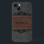 Black And Brown Leather Black Floral Accents iPhone 13 Case<br><div class="desc">Image of vintage aged look,  black and brown stitched leather with black decorative floral element accent and customisable monogram.</div>