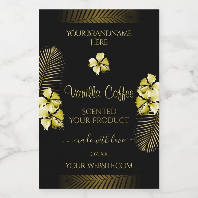 Black and Brown Product Labels Gold Hawaii Flowers (Single Label)