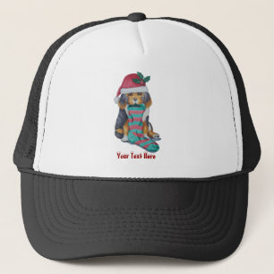 black and brown puppy with stocking christmas trucker hat