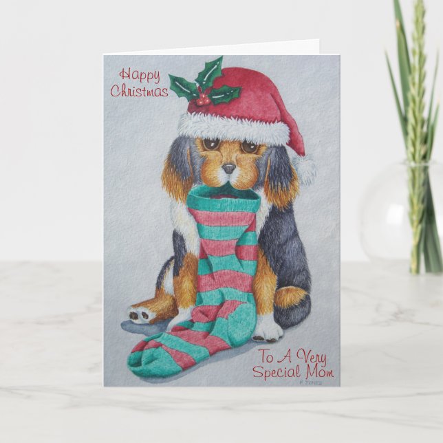 black and brown puppy with stocking for christmas holiday card (Front)
