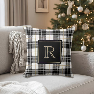 Black and Brown Tartan Plaid Family Monogram Cushion