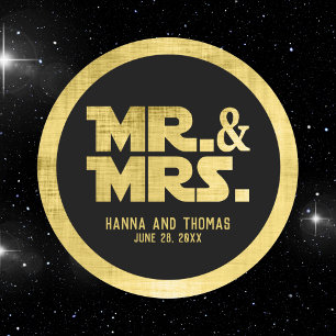 Black and Brushed Gold Mr. and Mrs. Wedding Classic Round Sticker