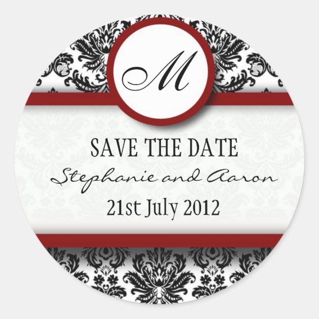 Black and Burgundy Damask Monogram Wedding Sticker (Front)