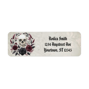 Black and Burgundy Floral Wreath with Skull Return Address Label