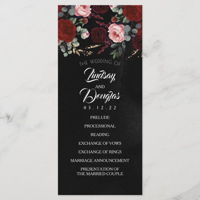 Black and Burgundy Red Floral Wedding Programs (Front)