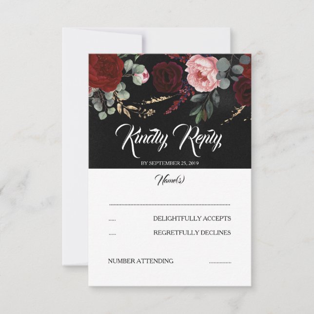 Black and Burgundy Red Floral Wedding RSVP Card (Front)