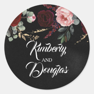 Black and Burgundy Red Modern Wedding Classic Round Sticker