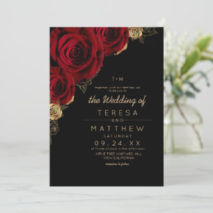 Black and Burgundy Roses Modern Wedding Invitation
