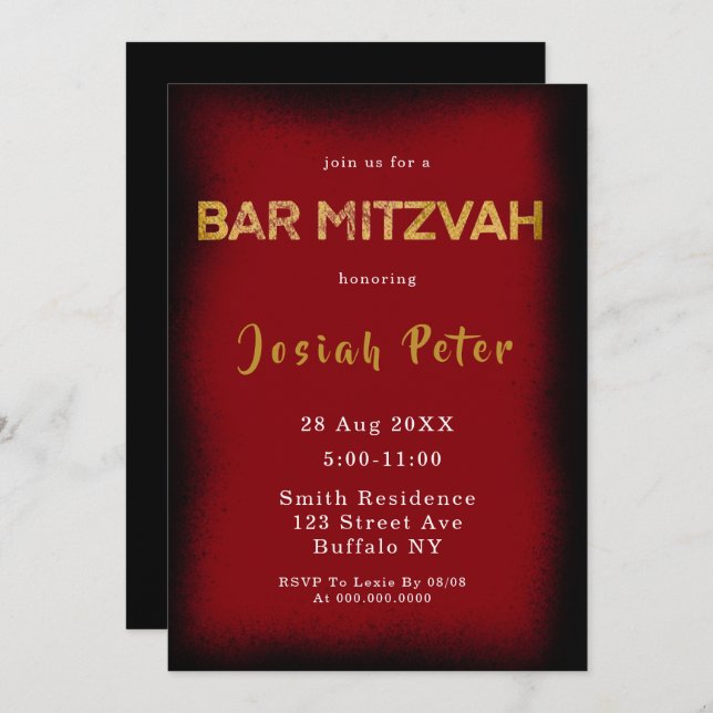 Black and Burgundy Smoke Bar Mitzvah Invitations (Front/Back)