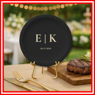 Black and Butter Yellow Monogram Wedding  Paper Plate