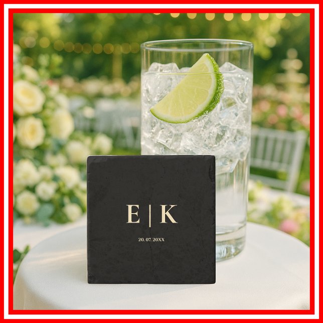 Black and Butter Yellow Monogram Wedding Stone Coaster (Creator Uploaded)