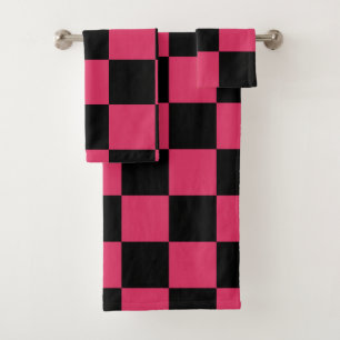 Black and Cerise Pink Chequered Pattern Bath Towel Set