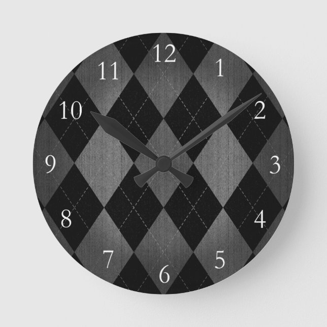 Black and Charcoal Grey Argyle Round Clock (Front)