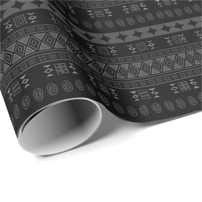 Black and Charcoal Grey Cultural Tribal Print Wrapping Paper (Roll Corner)