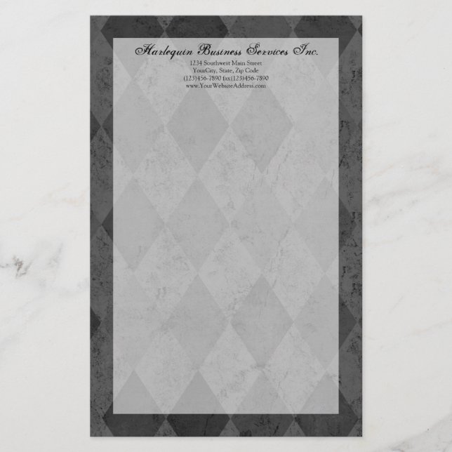 Black and Charcoal Harlequin with Script Stationery (Front)
