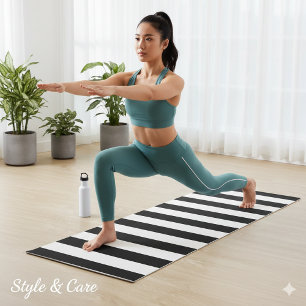 Black and Classic White Horizontal Striped Yoga Mat