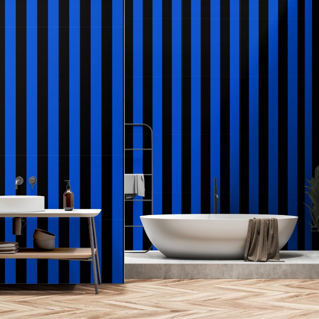 Black And Cobalt Blue Ultra Wide 4 Inch Stripe Wallpaper (Bathroom)