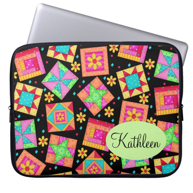 Black and Colourful Patchwork Quilt Block Art Laptop Sleeve (Front)