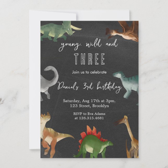 Black and Colourful Printable Dinosaurs Birthday Invitation (Front)