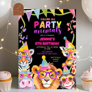 Black and Colourful Wild One Safari Animals Birthd Invitation