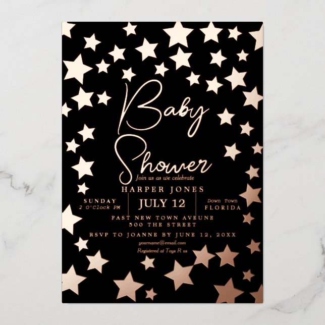 black and copper star Baby Shower Invite sip & see (Front)