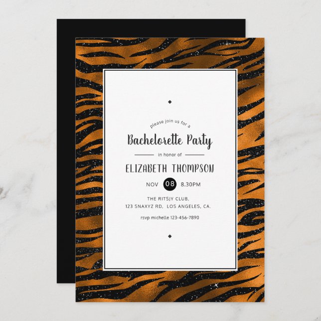 Black and Copper Tiger Stripes Bachelorette Party Invitation (Front/Back)