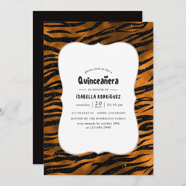 Black and Copper Tiger Stripes Pattern Quinceanera Invitation (Front/Back)