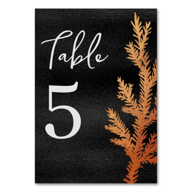 Black and Copper Winter Wedding Pine Branch Table Number (Front)