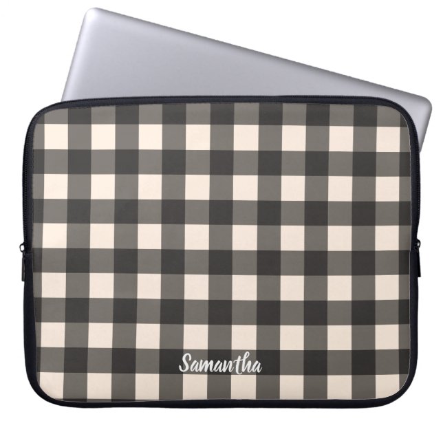 Black and Cream Check Buffalo Plaid Laptop Sleeve (Front)