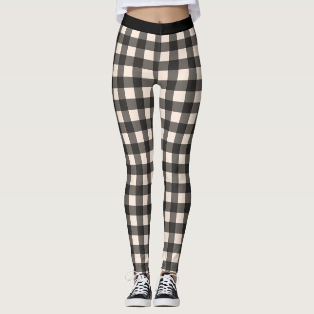 Black and Cream Check Buffalo Plaid Leggings (Front)