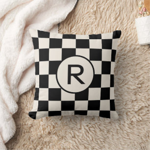 Black and Cream Chequered Pattern Custom Monogram Cushion