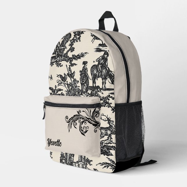 Black and Cream French Toile Pattern Personalised Printed Backpack (Back Corner Right)