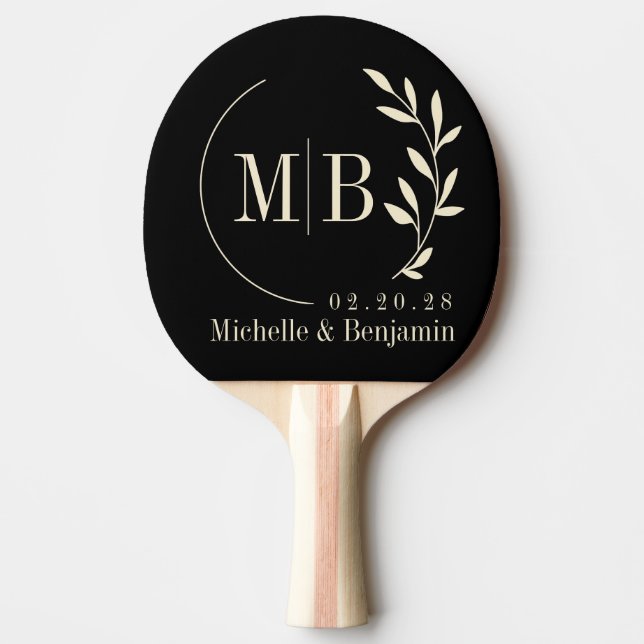 Black and Cream Leaf Wedding Monogram Ping Pong Paddle (Front)