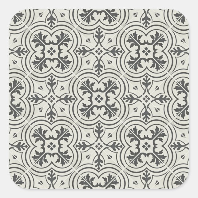 black and cream ornate floor tile pattern texture square sticker (Front)