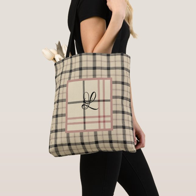 Black and Cream Plaid Personalised Tote Bag (Close Up)