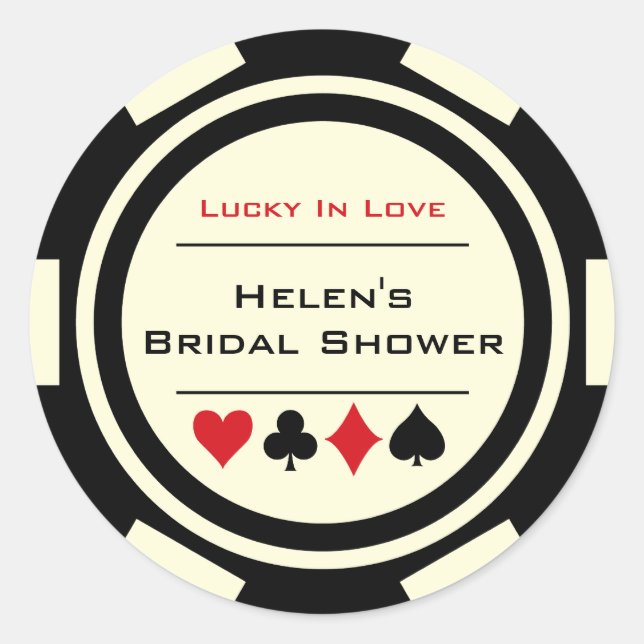 Black and Cream Poker Chip Bridal Shower Classic Round Sticker (Front)